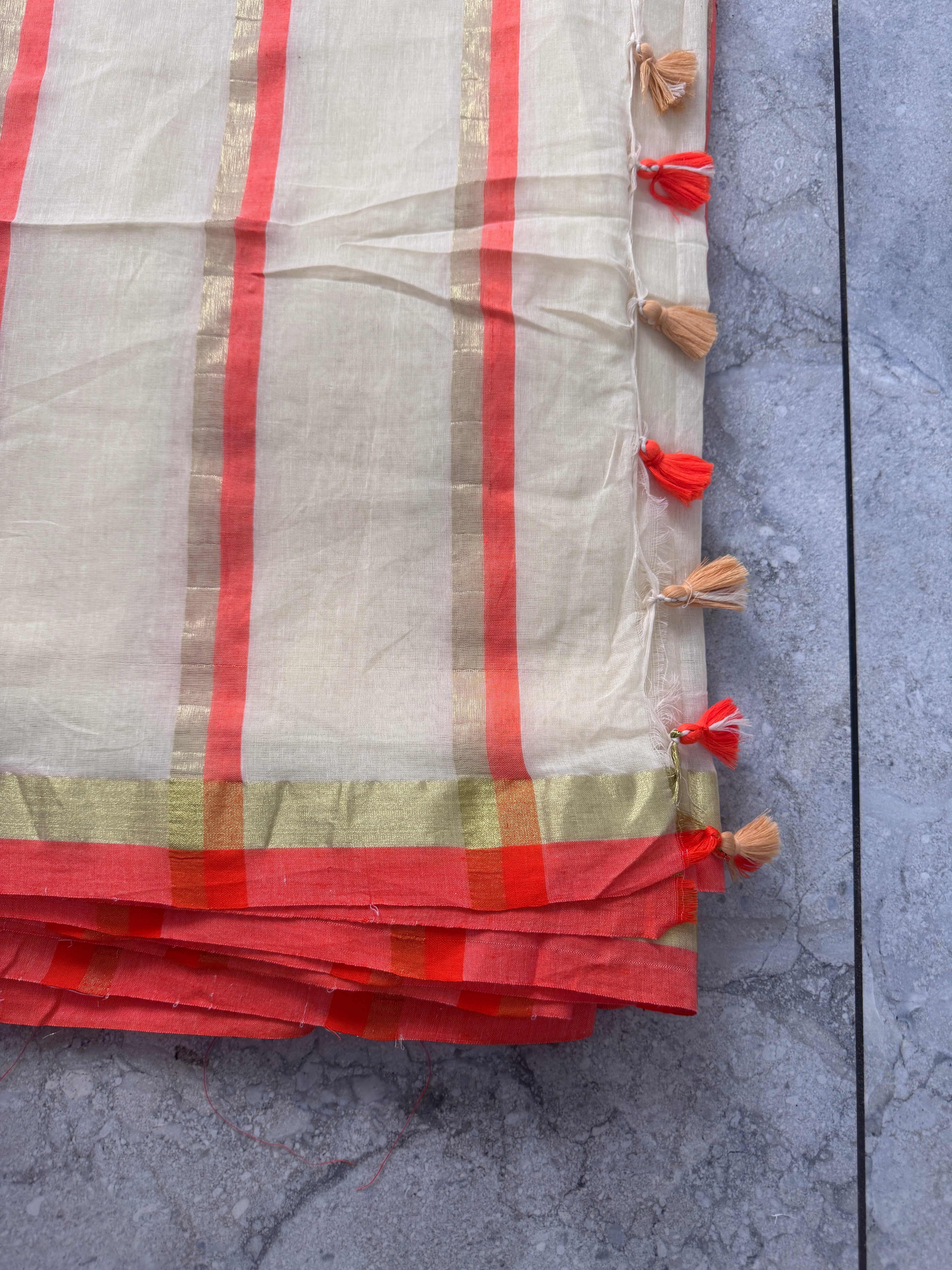 Mulcotton Saree with golden stripes and Orange Border-120 count