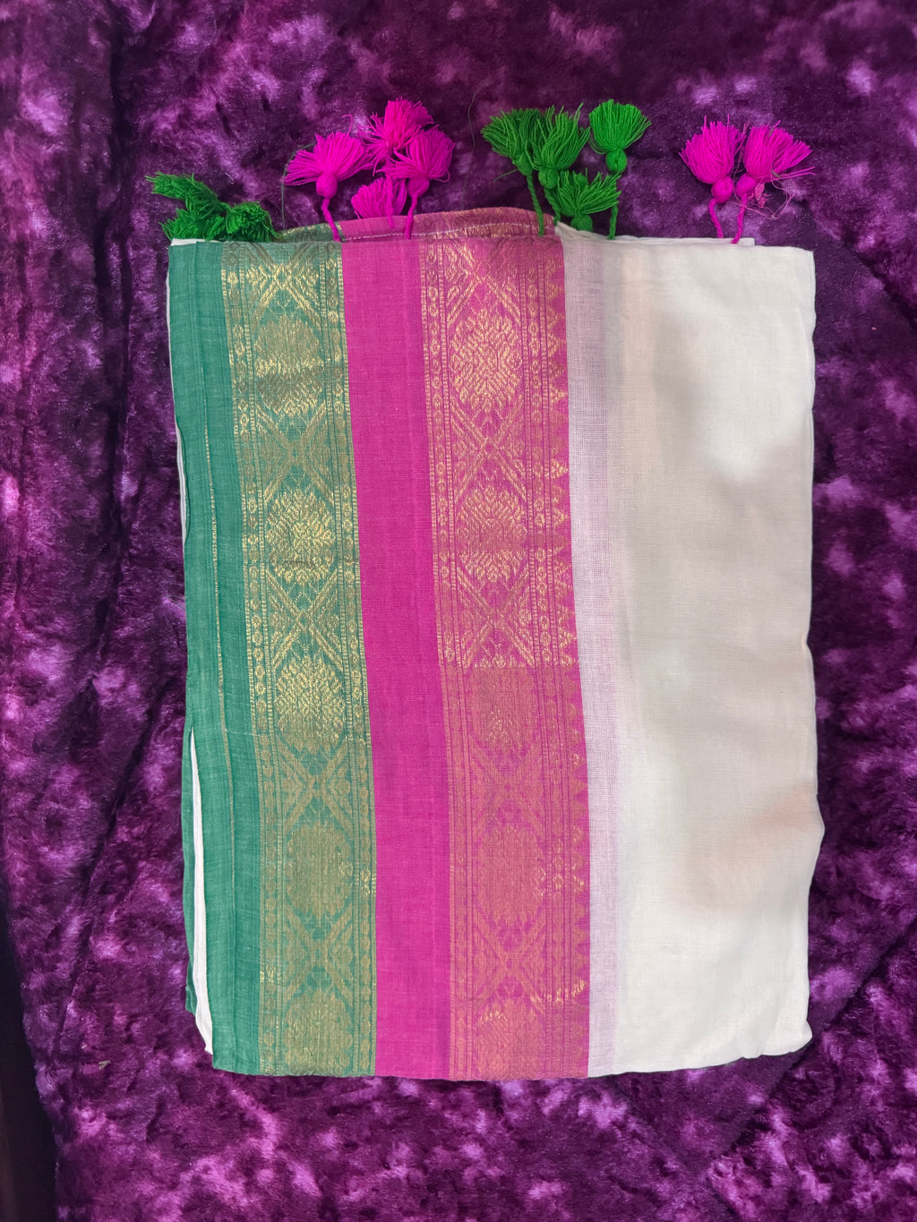 Mul Cotton Saree - Pink & Green Kanchi Border - 120 Count