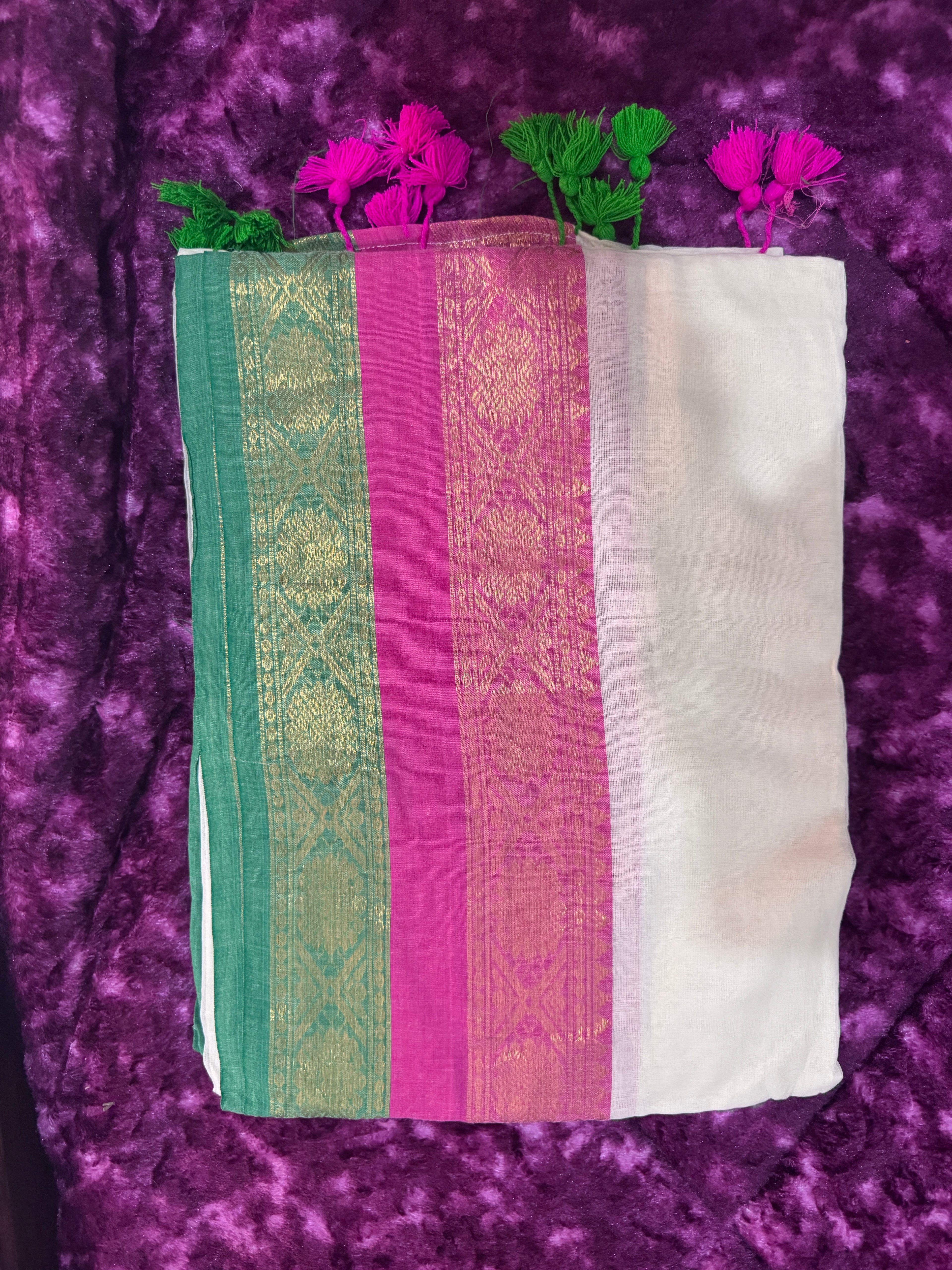 Mul Cotton Saree - Pink & Green Kanchi Border - 120 Count