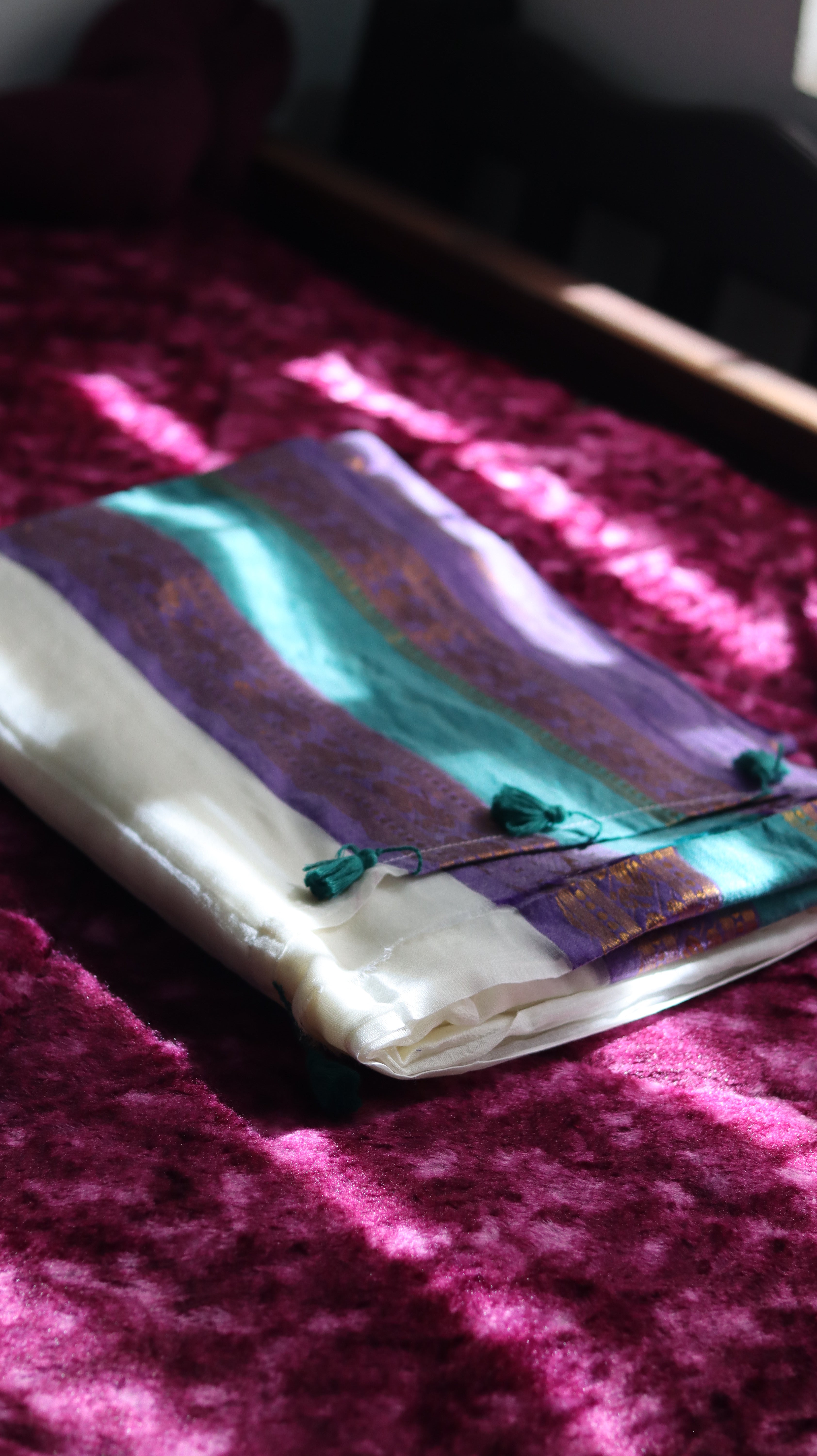 Mulcotton Saree - Violet & Green Kanchi border - 120 count