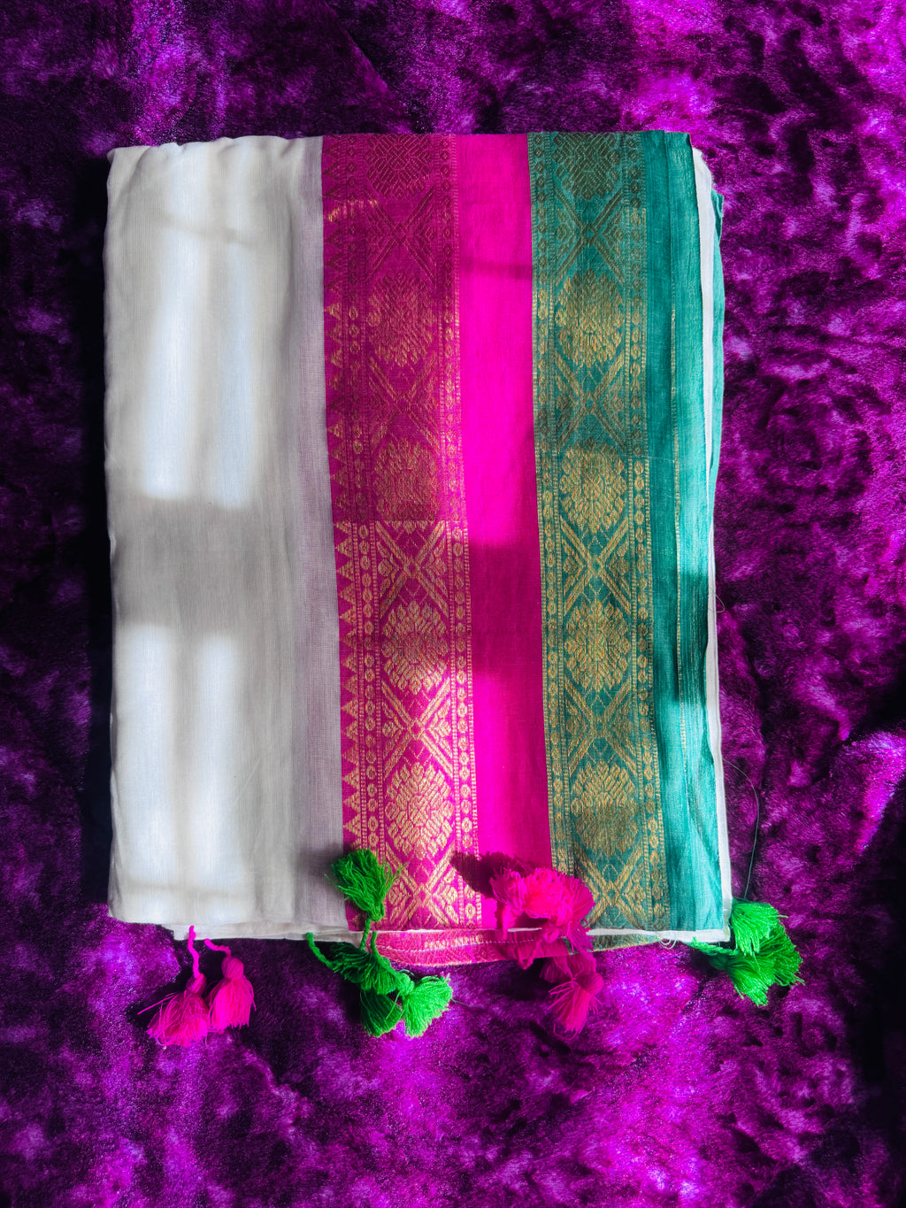 Mul Cotton Saree - Pink & Green Kanchi Border - 120 Count