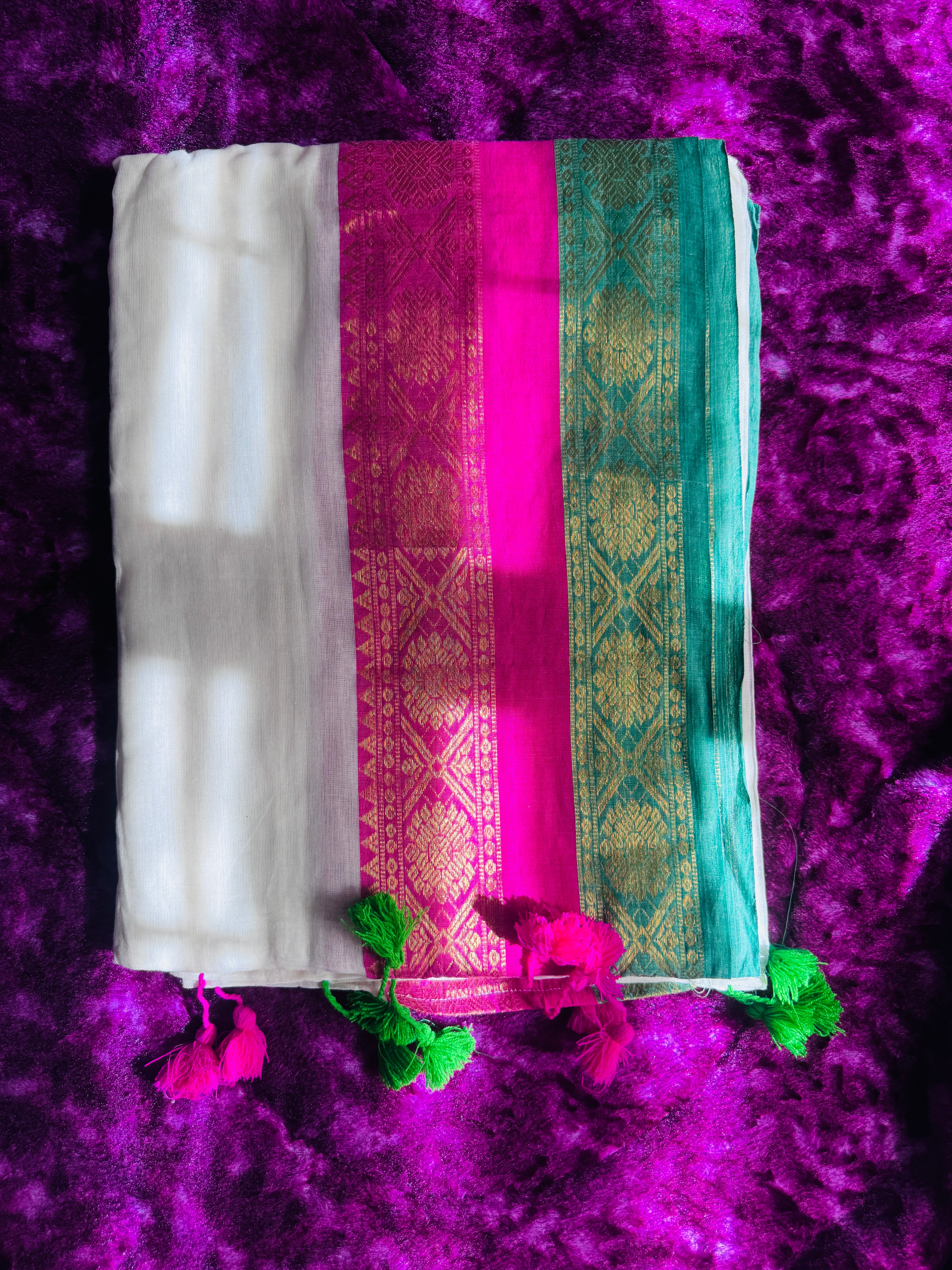 Mul Cotton Saree - Pink & Green Kanchi Border - 120 Count
