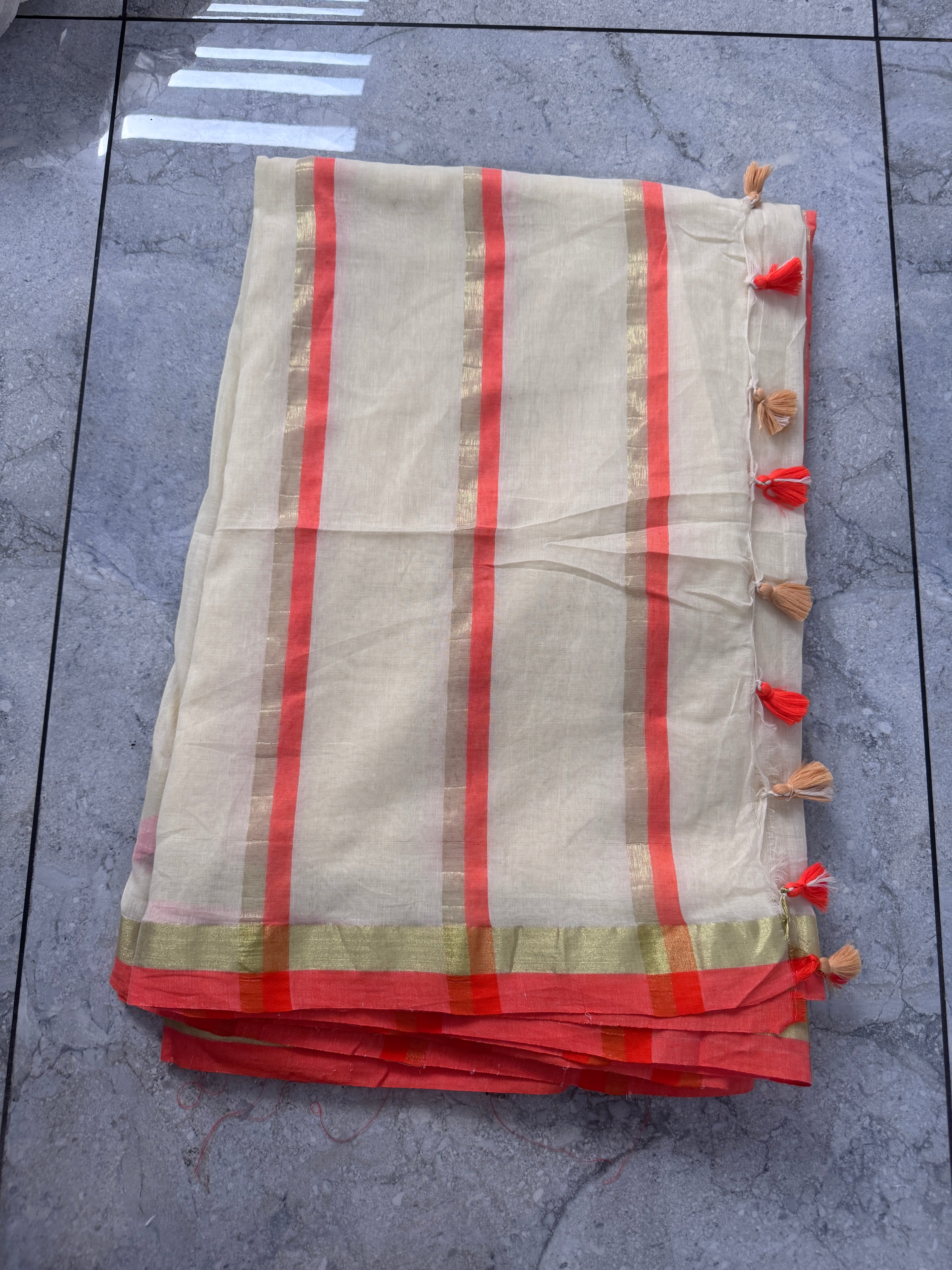 Mulcotton Saree with golden stripes and Orange Border-120 count