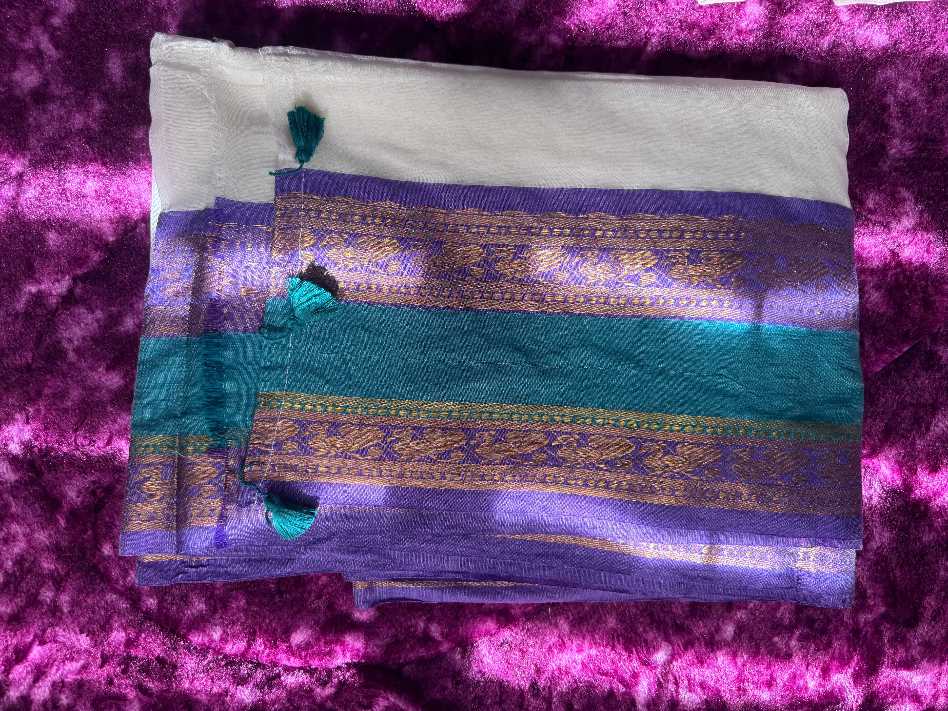 Mulcotton Saree - Violet & Green Kanchi border - 120 count