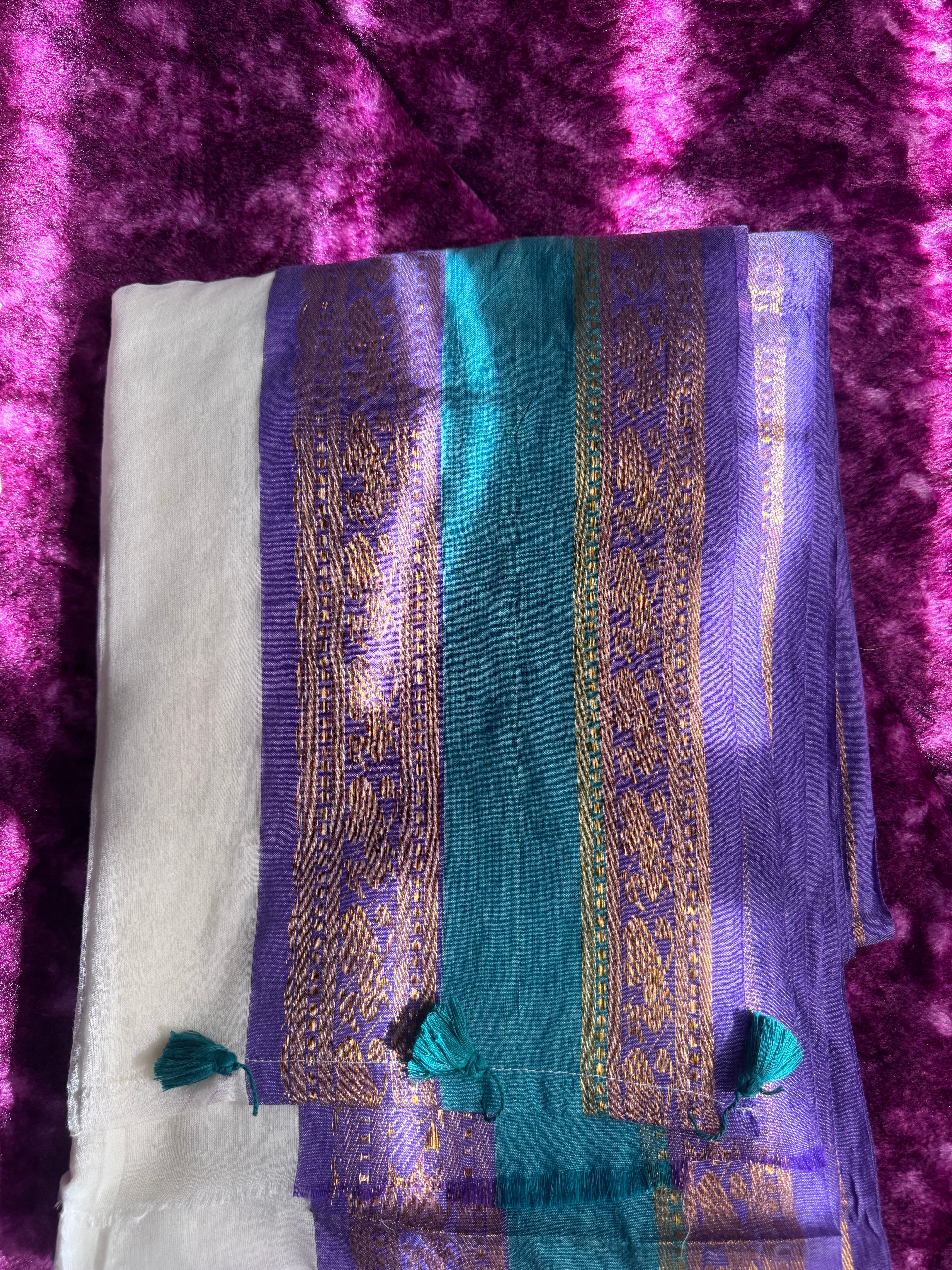 Mulcotton Saree - Violet & Green Kanchi border - 120 count