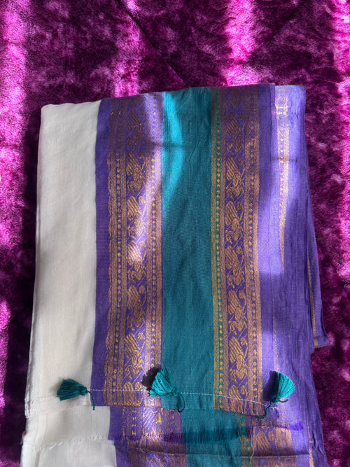 Mulcotton Saree - Violet & Green Kanchi border - 120 count