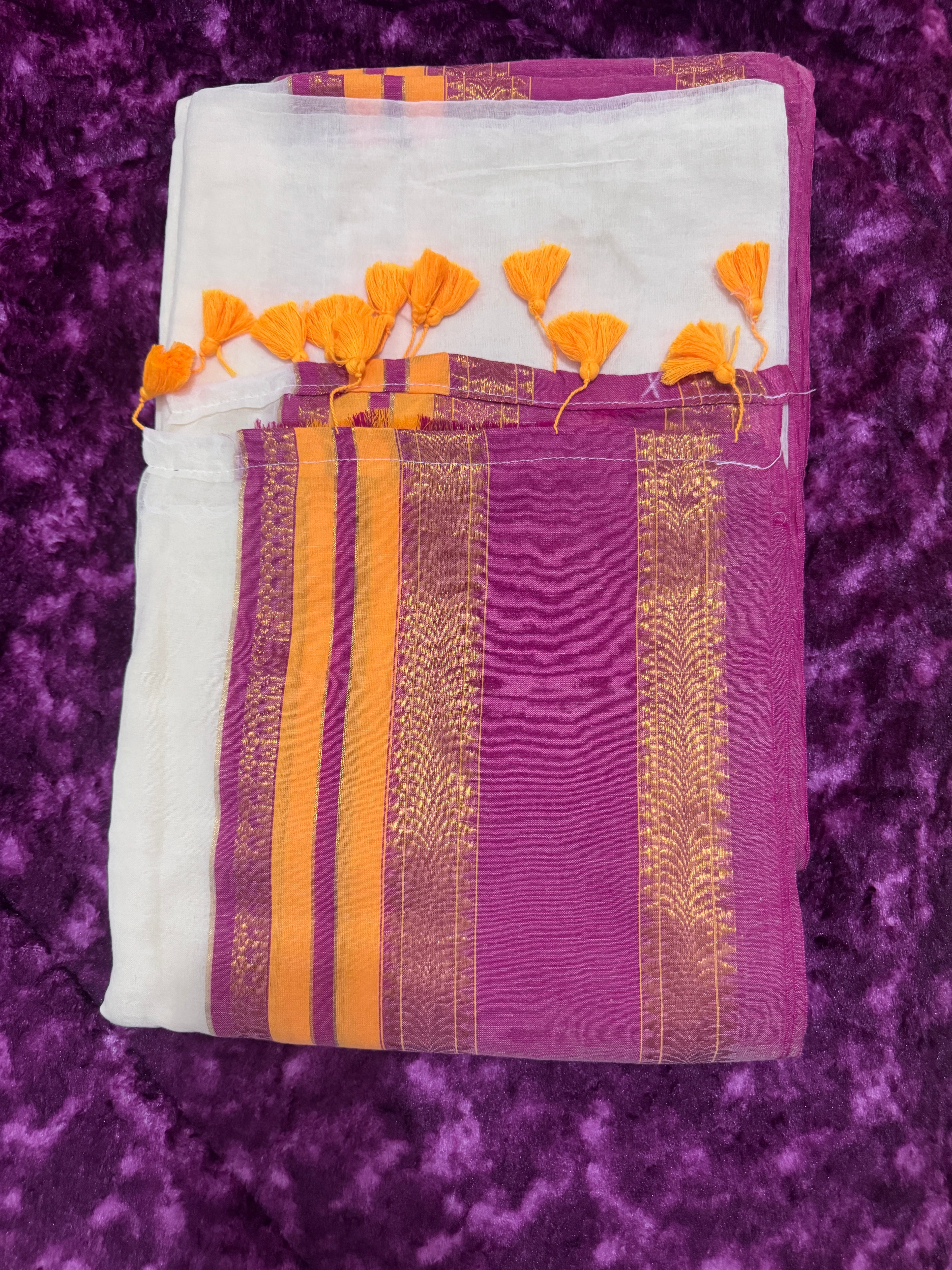 Mulcotton Saree with pink and yellow kanchi border 120count