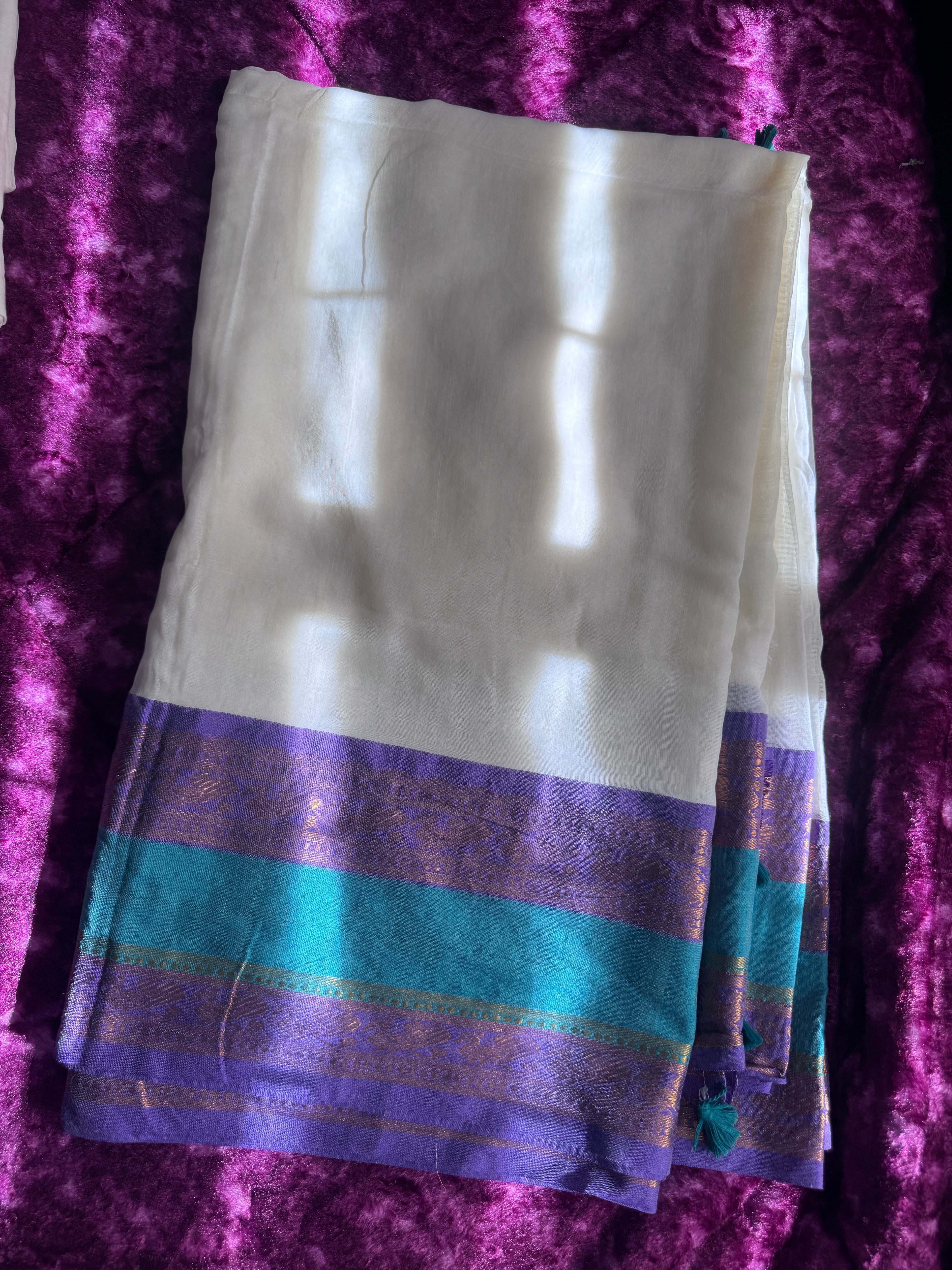 Mulcotton Saree - Violet & Green Kanchi border - 120 count