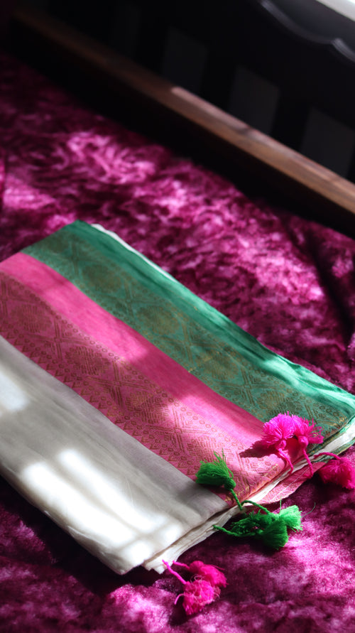 Mul Cotton Saree - Pink & Green Kanchi Border - 120 Count