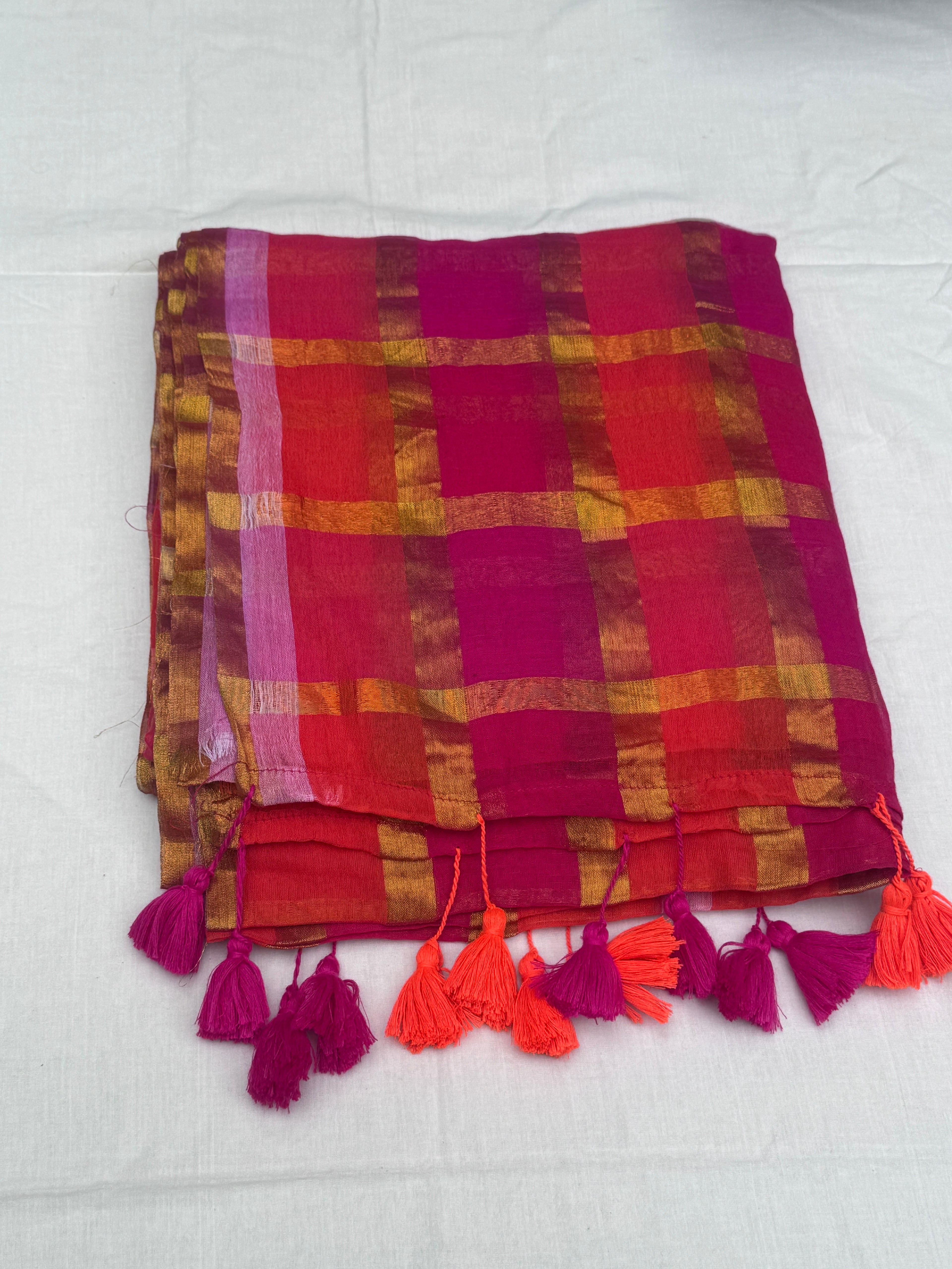 Orange and pink checkered mulcotton saree